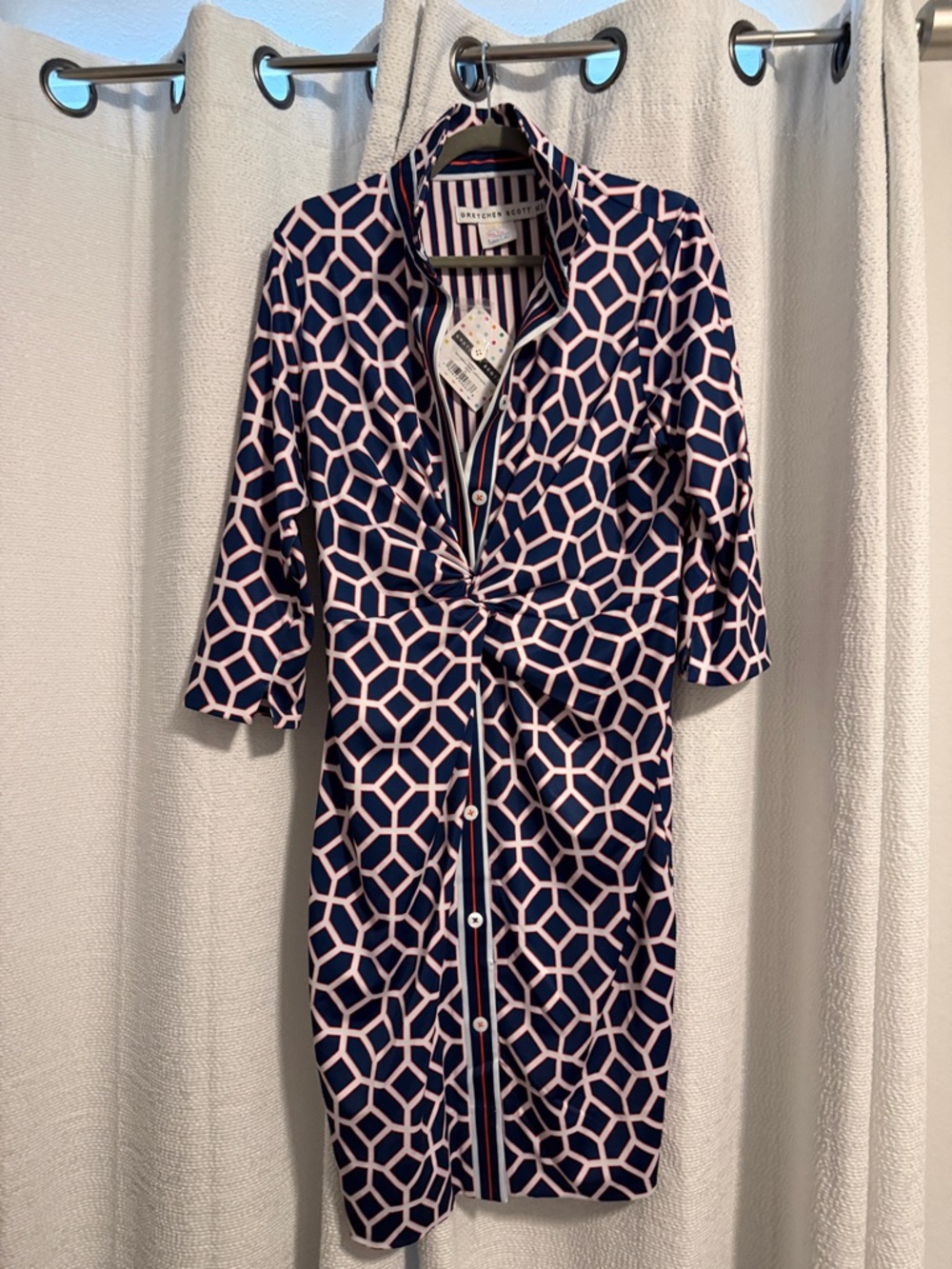 Gretchen Scott Navy & Blush Geometric Twist-Front Shirt Dress